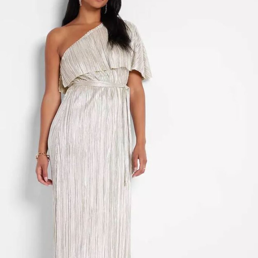 Rachel Zoe Metallic Shoulder Tie Pleated Maxi Dress - M - NWT, never used